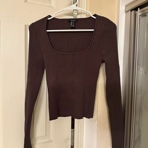 Forever 21 Women's Ribbed Long Sleeve Scoop Neck Top - Dark Brown